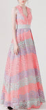 Lace V-Neck Long Gown, Multi Colored - DESIGNER INSPIRED FASHIONS