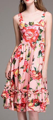 Ruffled Pink Floral-Print Dress - DESIGNER INSPIRED FASHIONS