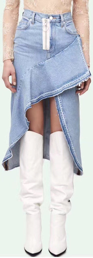 Denim Asymmetric Ruffle Skirt - DESIGNER INSPIRED FASHIONS