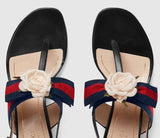 Web & Leather Rose Applique Sandals, Black