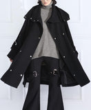 Buckle-Embellished Black Boxy Wool Coat