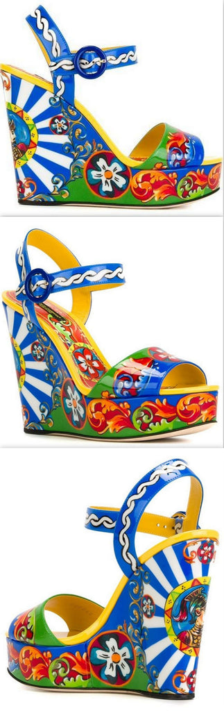 'Carretto Siciliano' Print Wedge Sandals - DESIGNER INSPIRED FASHIONS