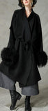 Black Wool-Blend Coat with Fur Cuffs