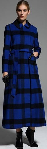 Check Pattern Long Wool Coat in Black & Blue - DESIGNER INSPIRED FASHIONS