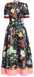 Butterfly-Beaded Lace-Bib Garden Print Midi Dress, Black - DESIGNER INSPIRED FASHIONS