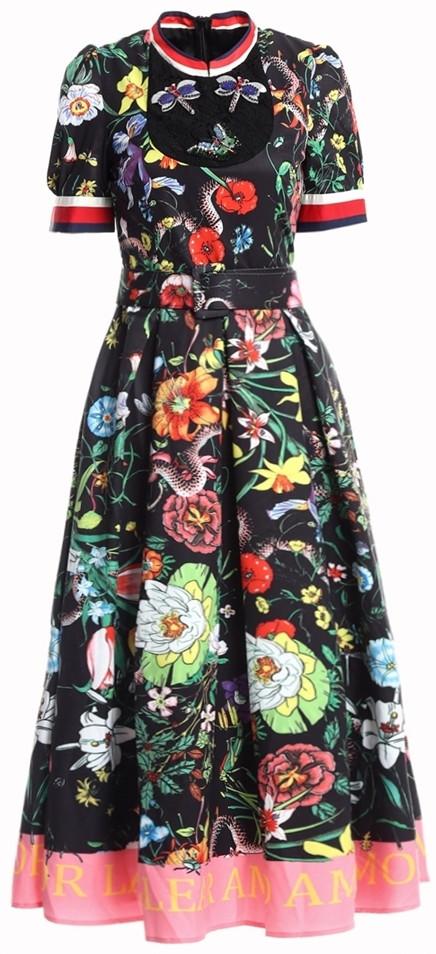 Butterfly-Beaded Lace-Bib Garden Print Midi Dress, Black - DESIGNER INSPIRED FASHIONS