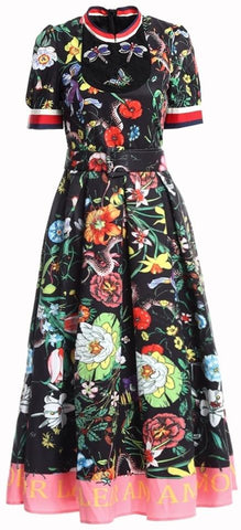 Butterfly-Beaded Lace-Bib Garden Print Midi Dress, Black - DESIGNER INSPIRED FASHIONS