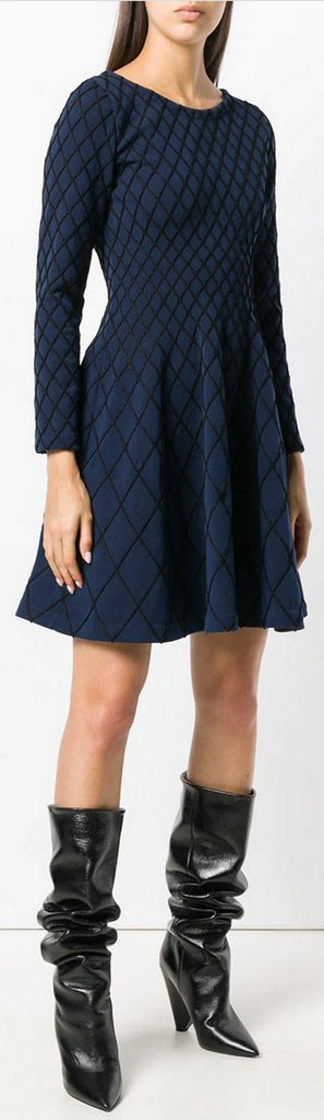 Flared Geometric Knitted Dress, Blue