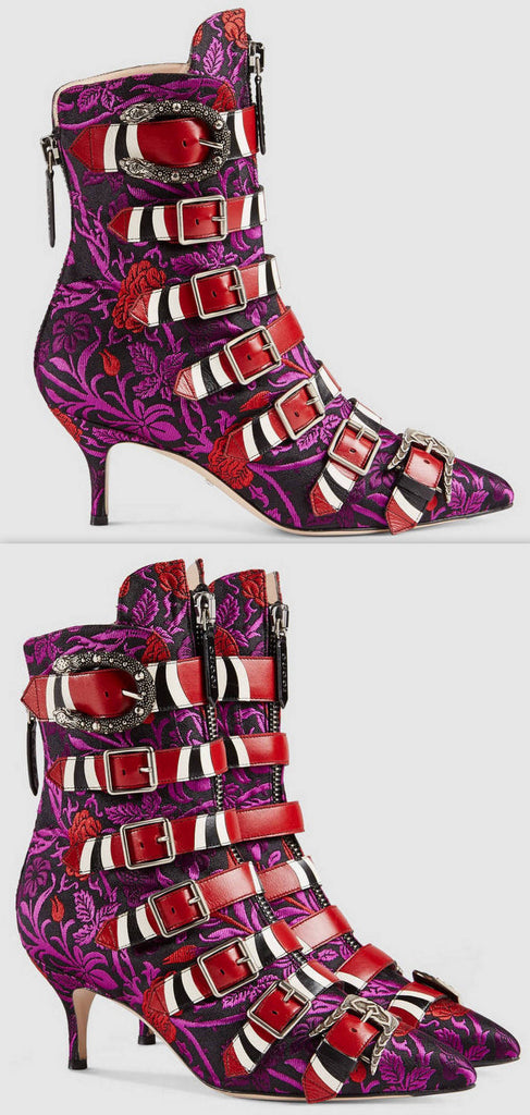 Floral Jacquard Buckle Ankle Boots