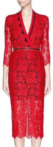 Lace V-neck Zip-Waist Red Dress - DESIGNER INSPIRED FASHIONS
