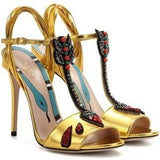 Crystal-Embellished Metallic Leather Sandals