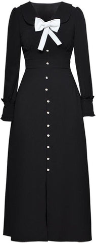 Bow-Tie Button-Down Dress, Black