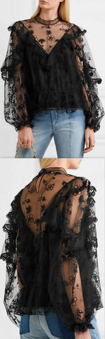 Ruffled Embroidered Tulle Blouse - DESIGNER INSPIRED FASHIONS