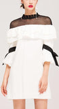 Ruffle White Mini Dress with Black Mesh Contrast