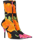 Floral Satin Pointed Toe Bootie