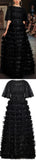 Black Ruffled-Mesh-Trim Gown