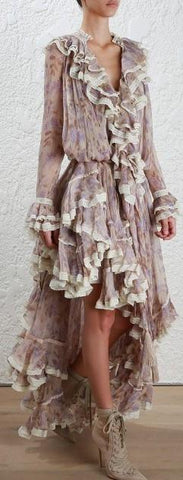 Asymmetric Ruffled Floral Print Dress - DESIGNER INSPIRED FASHIONS