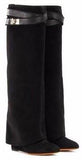 'Shark Lock' Wedge Knee Suede Boots in Black - DESIGNER INSPIRED FASHIONS