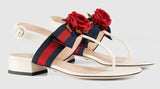 Web & Leather Rose Applique Sandals, White