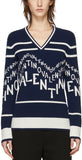 White Logo Chevron V-Neck Sweater