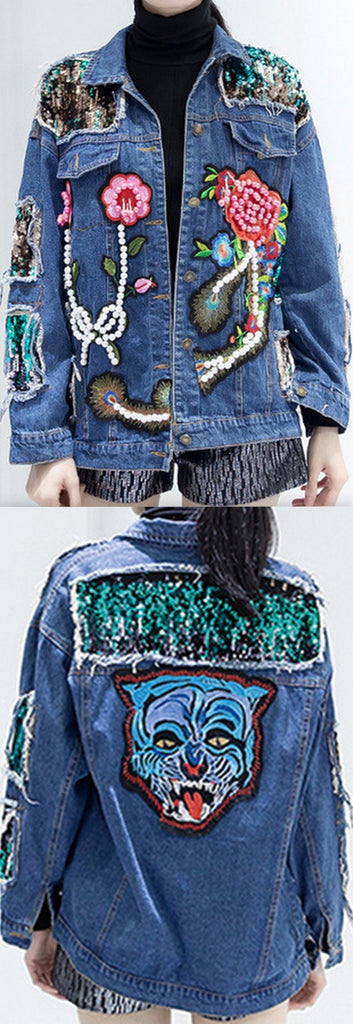 Embellished Distressed Denim Jacket