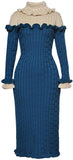 Color-Contrast Ruffle Knit Dress