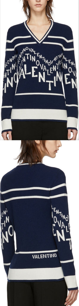 White Logo Chevron V-Neck Sweater
