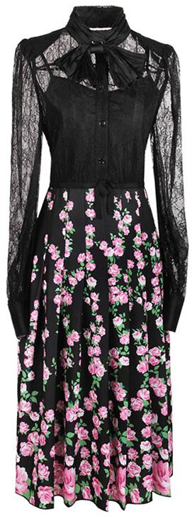 Black Lace and Floral Pleated Midi Dress