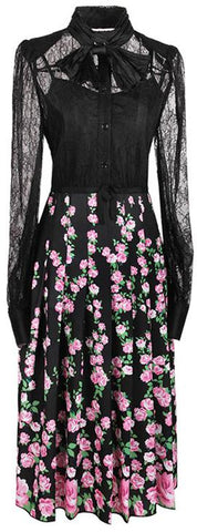 Black Lace and Floral Pleated Midi Dress