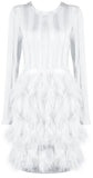 Feather-Tiered Mesh-Paneled Mini Cocktail Dress, White