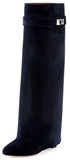 'Shark Lock' Wedge Knee Suede Boots in Black - DESIGNER INSPIRED FASHIONS