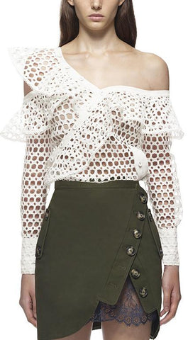 Guipure Lace One-Shoulder Shirt, White - DESIGNER INSPIRED FASHIONS