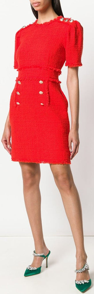 Bouclé Tweed Frayed Dress, Red