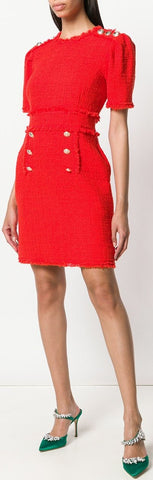 Bouclé Tweed Frayed Dress, Red