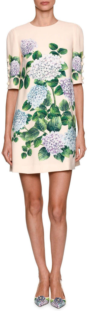 Hydrangea-Print Elbow-Sleeve Dress - DESIGNER INSPIRED FASHIONS