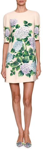 Hydrangea-Print Elbow-Sleeve Dress - DESIGNER INSPIRED FASHIONS