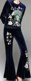 Embroidered Velvet Top & Flared Pant Set - Blue or Green