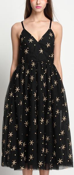 Star & Polka Dot Embroidered Black Tulle Dress - DESIGNER INSPIRED FASHIONS