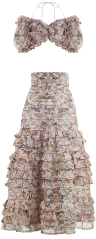 Multi Painted Heart Folds Bodice Top with Matching Midi Skirt