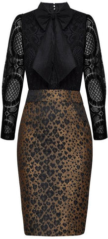 Black Lace Bow-Tie Blouse and Heart-Leopard-Print Mini Skirt