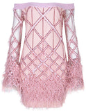 Feather-Embellished Off-the-Shoulder Mini Dress