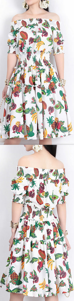 Off-the-Shoulder Fruit Printed Dress - DESIGNER INSPIRED FASHIONS