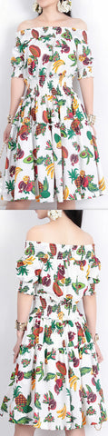 Off-the-Shoulder Fruit Printed Dress - DESIGNER INSPIRED FASHIONS