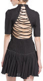 Black Studded Pleated Back-Lace-Up Mini Dress