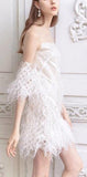 Feather-Trimmed Sheer-Paneled Mini Dress