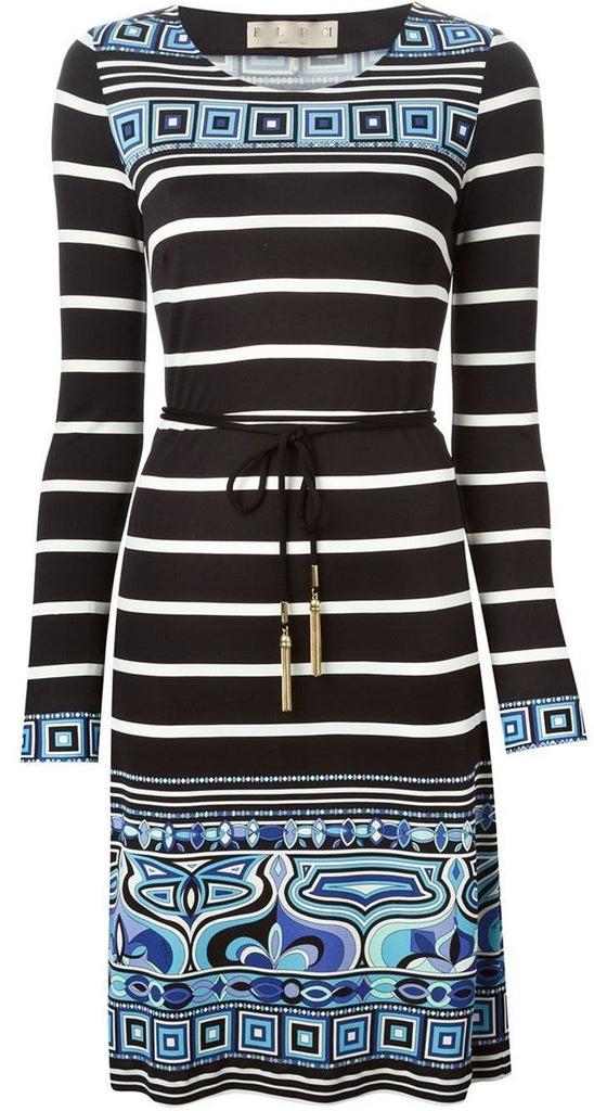 Long-Sleeve Striped Square-Border Dress - DESIGNER INSPIRED FASHIONS