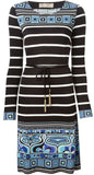 Long-Sleeve Striped Square-Border Dress - DESIGNER INSPIRED FASHIONS