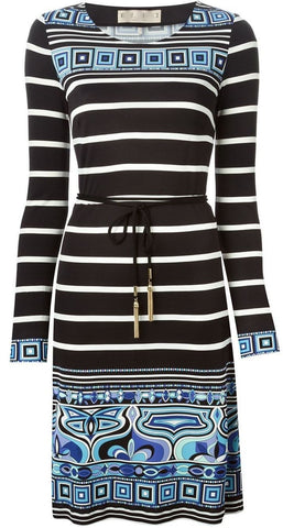 Long-Sleeve Striped Square-Border Dress - DESIGNER INSPIRED FASHIONS