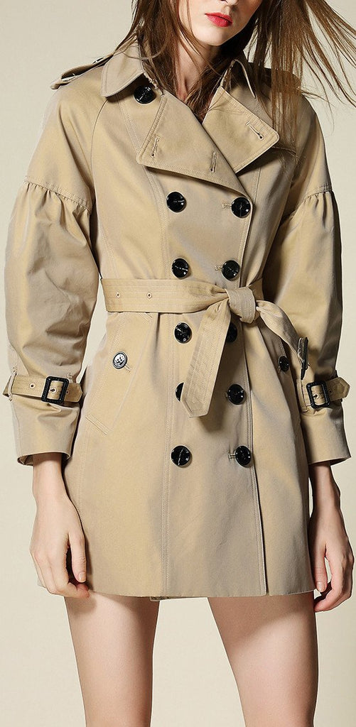 Draped-Shoulder Short Trench Coat, Beige - DESIGNER INSPIRED FASHIONS