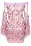 Feather-Embellished Off-the-Shoulder Mini Dress